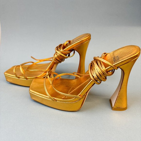 Jeffrey Campbell Metallic Gold Wrap Tie Sandal Platform Heels, 8 - Picture 3 of 10
